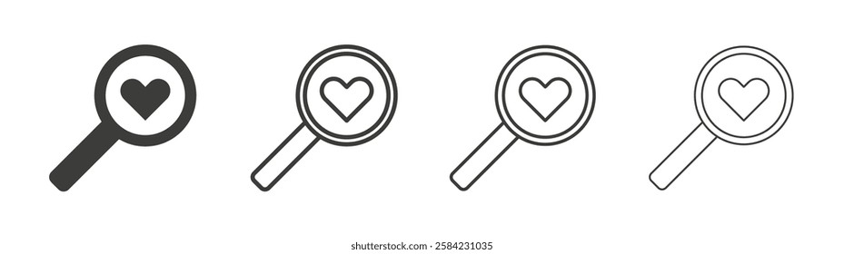 Search heart icons set. Liner outlined and flat black color