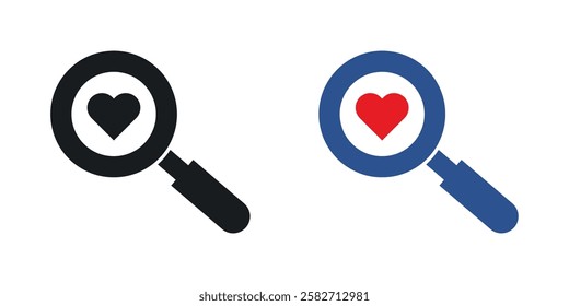 Search heart icons set vectors black and colored style