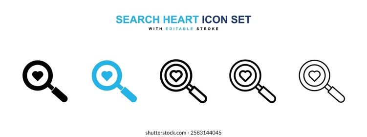 Search heart icons vector collection in black and blue colors on white background