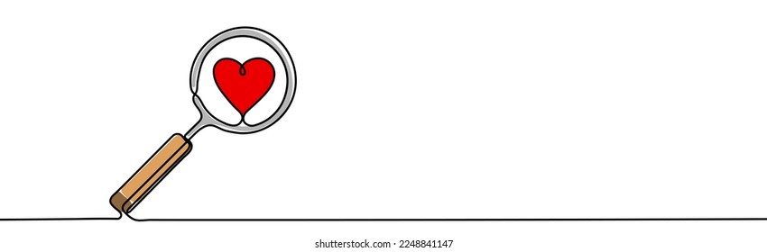 Search heart and love icon. Magnifying glass with heart inside. One continuous line vector illustration