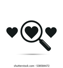 Search heart and love icon, vector. Find one heart among other. Magnifying glass with heart inside. Dating illustration.