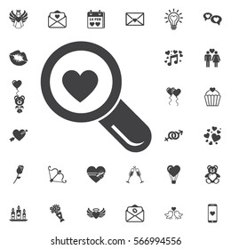 Search heart and love icon, vector. Magnifying glass with heart inside. Dating illustration. Set of Valentines icons