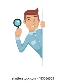 Search Help Looking Out Corner Cartoon Businessman Character Icon Magnifying Glass Symbol Retro Vintage Vector Illustration