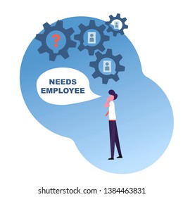 search and hire a new employee, coordinated work gears in the mechanism, office workers are looking for a new worker, vector image, flat design, colorful and simple characters