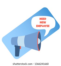 search and hire a new employee, friendly team of office workers are looking for a specialist using loudspeaker, vector image, flat design, colorful and simple characters