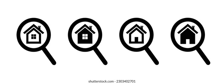
Search for home. Home finder logo. Home and magnifying glass symbol. Vector illustration. 