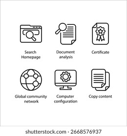 Search homepage, Document analysis, Certificate, Global community, Computer configuration, Copy content, icon, Line icon Set