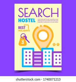 Buscar En El Hostel Gps Marca Un Vector De Banner Creativo. Clave Del Albergue Y Ubicación De Los Rascacielos Del Edificio Urbano En El Mapa De La Ciudad, Afiche Publicitario De Reservas Y Reservas. Plantilla de concepto Ilustración de color con estilo