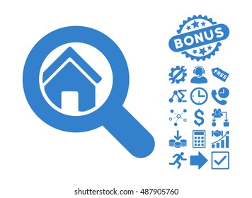 Search House icon with bonus symbols. Vector illustration style is flat iconic symbols, cobalt color, white background.