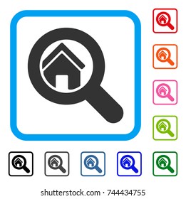 Search House icon. Flat gray pictogram symbol in a blue rounded squared frame. Black, gray, green, blue, red, orange color versions of Search House vector.