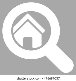 Search House icon. Vector style is flat iconic symbol, white color, silver background.