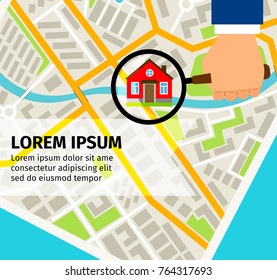 Search house on the map banner concept, vector illustration