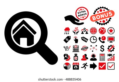 Search House pictograph with bonus elements. Vector illustration style is flat iconic bicolor symbols, intensive red and black colors, white background.