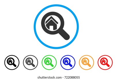 Search House rounded icon. Style is a flat search house gray symbol inside light blue circle with black, gray, green, blue, red, orange versions. Vector designed for web and software interfaces.