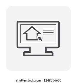 Search house vector icon. Consist of building on screen computer. That resident, agent or realtor to online find real estate or property for development, owned, sale, rent, buy, mortgage or investment