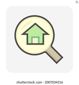 Icono del vector de la casa de búsqueda. Consiste en lupa y personas. El residente, agente o agente inmobiliario para encontrar bienes raíces o propiedades para el desarrollo, propiedad, venta, alquiler, compra o inversión. 64x64 píxeles.