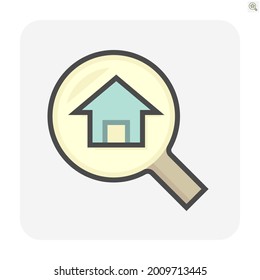 Search house vector icon. Consist of magnifying glass and people. That resident, agent or realtor to find real estate or property for development, owned, sale, rent, buy or investment. 64x64 pixel.