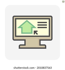 Icono del vector de la casa de búsqueda. Consiste en construir en pantalla. Ese residente, agente o agente inmobiliario en línea encuentra bienes raíces o inmuebles para desarrollo, propiedad, venta, alquiler, compra o inversión. 64x64 px