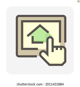 Search house vector icon. Consist of tablet and people. That resident, agent or realtor to online find real estate or property for development, owned, sale, rent, buy or investment. 48x48 pixel.