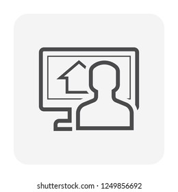 Search house vector icon design. Consist of building on screen computer pc and people. That resident, agent or realtor to online find real estate or property for buy, sale or development.