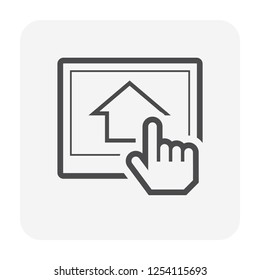 Search house vector icon design. Consist of tablet and people. That resident, agent or realtor to online find real estate or property for development, owned, sale, rent, buy or investment.
