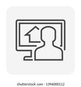 Search house vector icon design. Consist of building on screen computer pc and people. That resident, agent or realtor to online find real estate or property for buy, sale or development. 64x64 pixel.