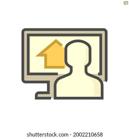 Suche Haus Vektorsymbol Design. Denken Sie daran, auf dem Bildschirm Computer PC und Menschen zu bauen. Der Einwohner, Vertreter oder Verkäufer, um Immobilien oder Immobilien für Kauf, Verkauf oder Entwicklung online zu finden. 64 x 64 Pixel.