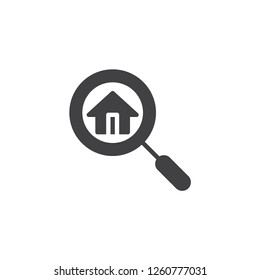 Search house vector icon. filled flat sign for mobile concept and web design. Magnifying glass and home simple solid icon. Symbol, logo illustration. Pixel perfect vector graphics