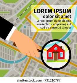 Search house vector illustration. Man hand holding magnifying glass and looking for a house on map