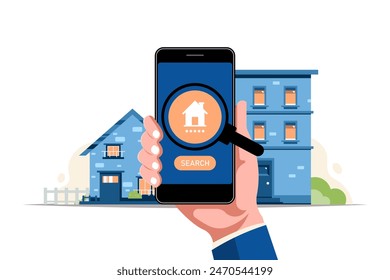 Search housing on smartphone application, Human hand holding smartphone with housing on isolated background, Vector illustration.