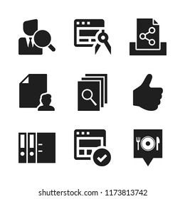 search icon. 9 search vector icons set. searching files, worker search and restaurant pin map icons for web and design about search theme