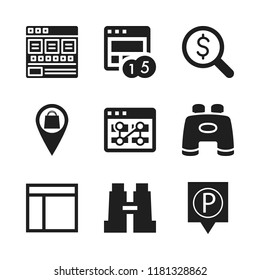 search icon. 9 search vector icons set. searching for money, binoculars and pins parking icons for web and design about search theme