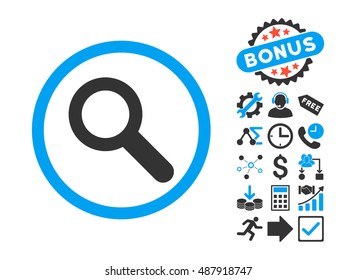 Search icon with bonus pictogram. Vector illustration style is flat iconic bicolor symbols, blue and gray colors, white background.