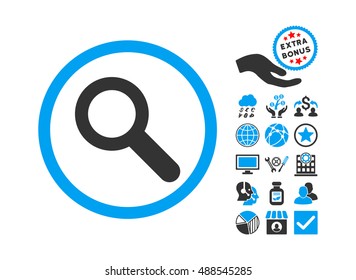 Search icon with bonus pictogram. Vector illustration style is flat iconic bicolor symbols, blue and gray colors, white background.