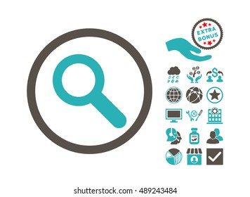 Search icon with bonus icon set. Vector illustration style is flat iconic bicolor symbols, grey and cyan colors, white background.