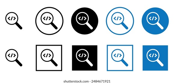 Search icon button with find code icons, magnifier icon, magnifying glass sign and coding symbol. Editable stroke.