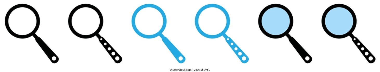 Search Icon Button Set - Magnifying Glass Loupe Sign Symbol, Magnifier Icon. Icône Loupe Black And Blue Color.