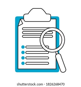 icono de búsqueda, documento de informe del portapapeles y ilustración del vector de ampliación línea azul y relleno