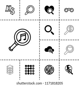 Search icon. collection of 13 search filled and outline icons such as labyrinth, binoculars with dollar sign, serach music. editable search icons for web and mobile.