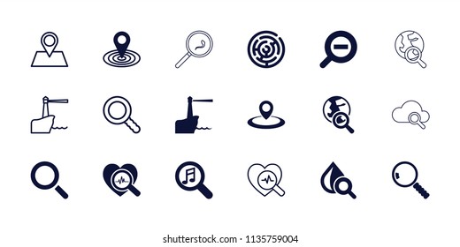 Search icon. collection of 18 search filled and outline icons such as map location, drop under magnifier, zoom out, lighthouse. editable search icons for web and mobile.