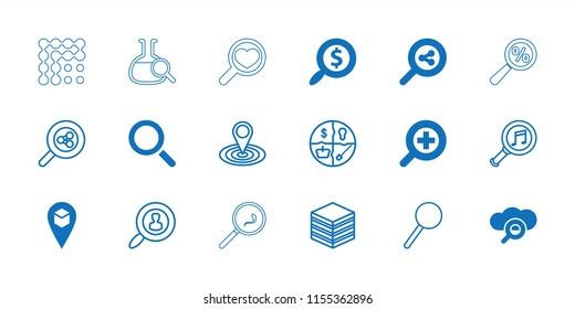 Search icon. collection of 18 search filled and outline icons such as zoom in, map location, marketing, magnifier, serach music. editable search icons for web and mobile.