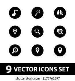 Search icon. collection of 9 search filled icons such as location, binoculars with dollar sign. editable search icons for web and mobile.
