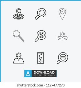 Search icon. collection of 9 search outline icons such as map location, route and phone, location pin, zoom out, magnifier. editable search icons for web and mobile.