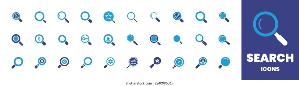 Search icon collection. Duotone color. Vector illustration. Containing search, review, research, magnifying glass, market research, keyword, searching, loupe, money, search engine, reviews, validate.