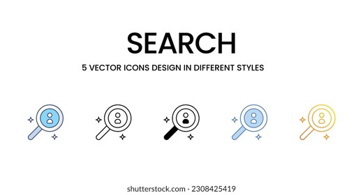 Search Icon Design in Five style with Editable Stroke. Line, Solid, Flat Line, Duo Tone Color, and Color Gradient Line. Suitable for Web Page, Mobile App, UI, UX and GUI design.