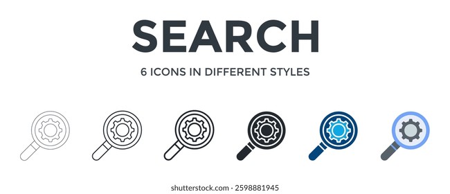 Search Icon In Different Style Vector Illustration. Designed In Thin Line, Regular Line, Bold Line, Glyph, Color Fill, And Flat Style Can Be Used For Web