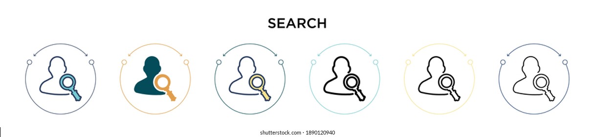 Search icon in filled, thin line, outline and stroke style. Vector illustration of two colored and black search vector icons designs can be used for mobile, ui, web