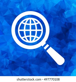 search icon of flat globe planet, vector magnifying glass on a blue triangular polygonal background