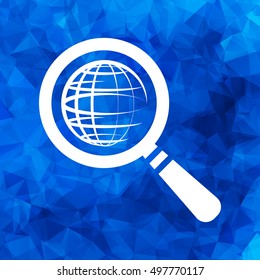 search icon of flat globe planet, vector magnifying glass on a blue triangular polygonal background