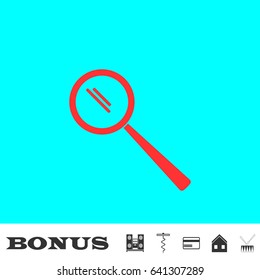 Search icon flat. Red pictogram on blue background. Vector illustration symbol and bonus buttons Music center, corkscrew, credit card, house, drum